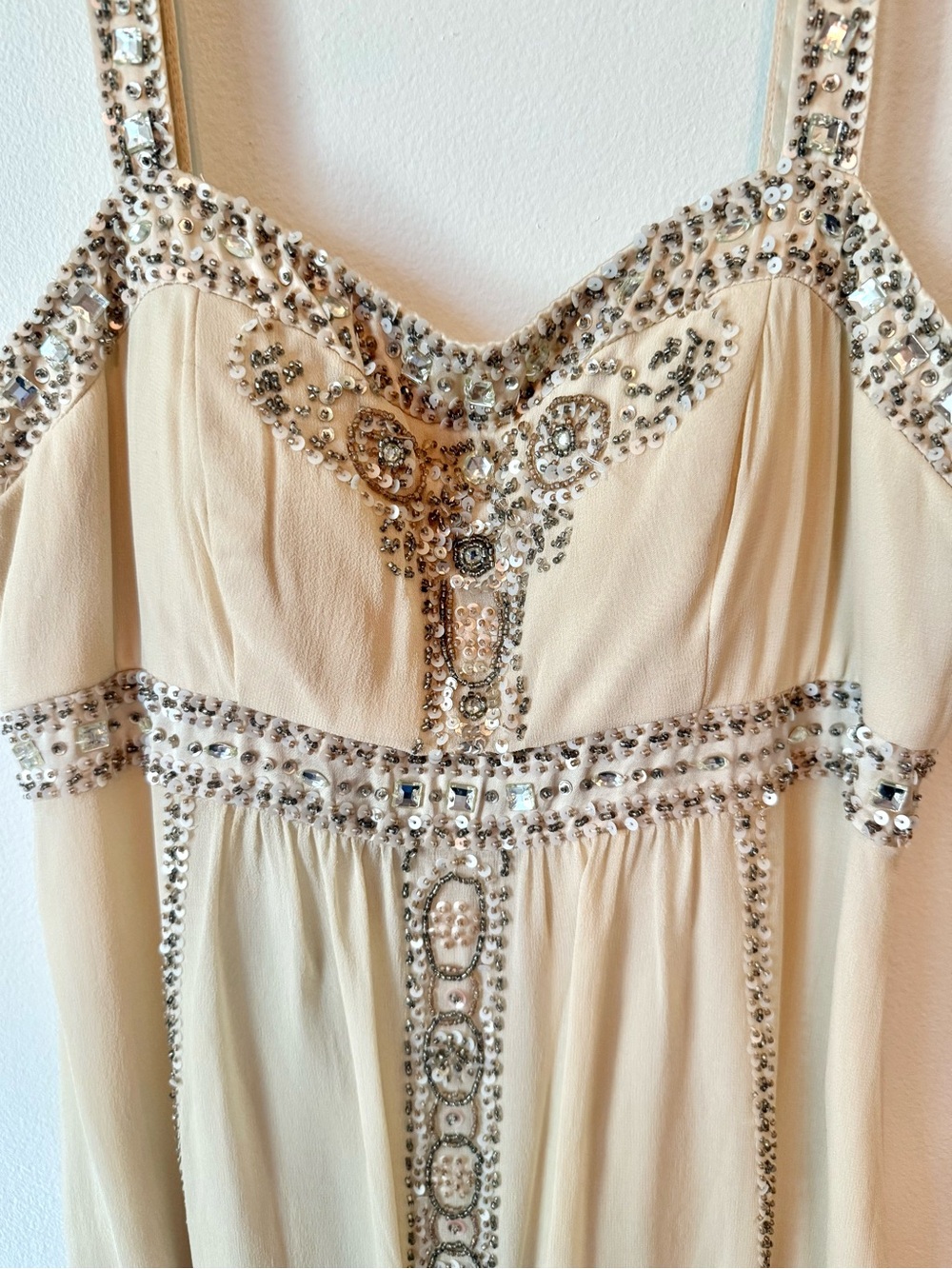 Sue Wong Embellished Ivory Beaded Silk Chiffon Dress